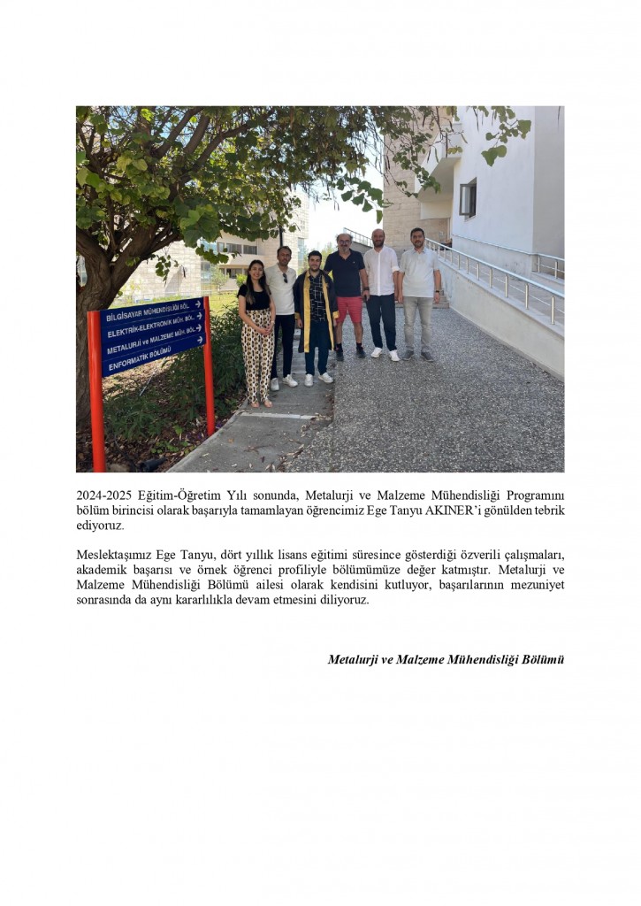 B&ouml;l&uuml;m Birincimiz Ege Tanyu Akıner'i Tebrik Ederiz detayı için tıklayınız